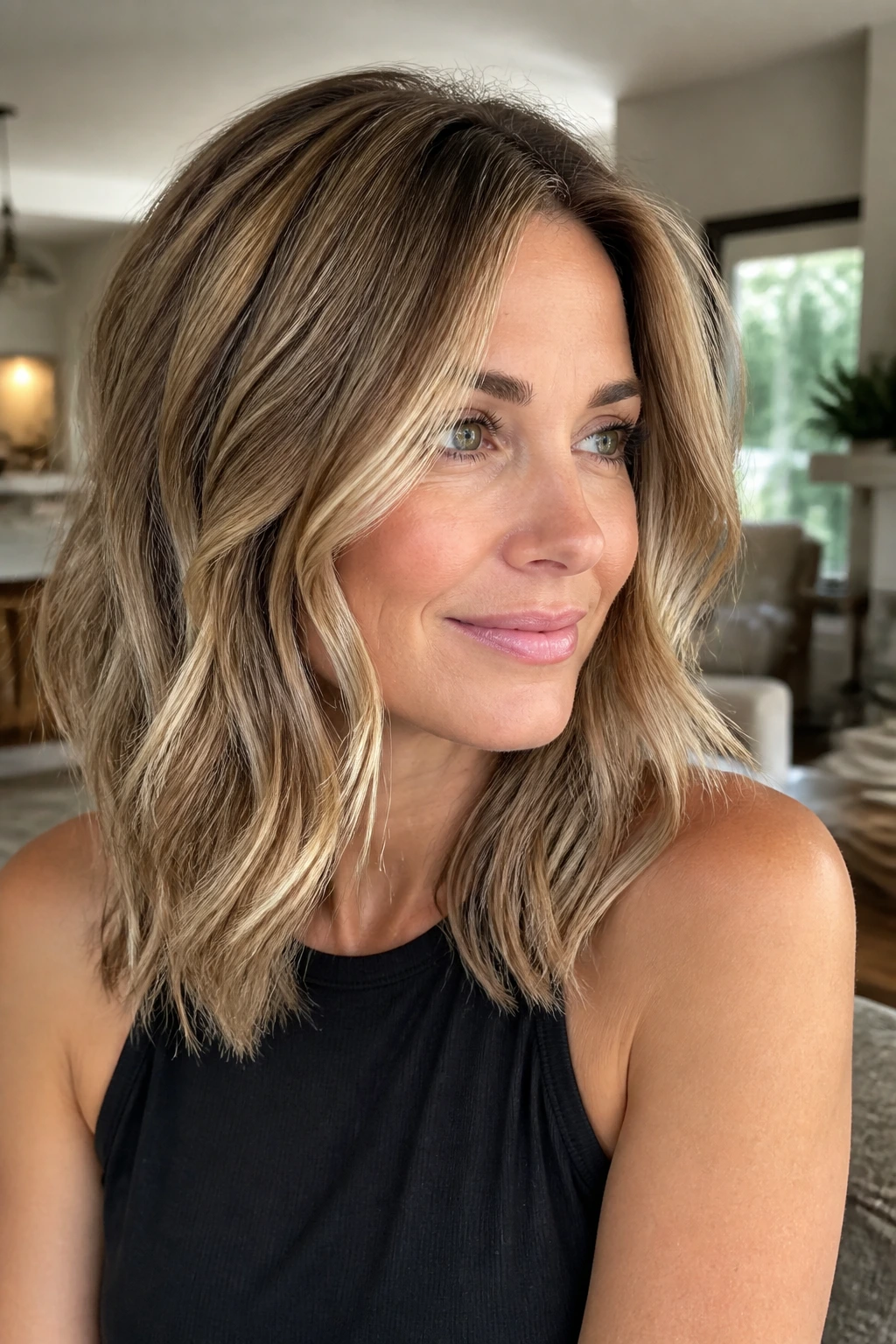 Close-up of a real woman with tortoiseshell blonde hair in mixed tones