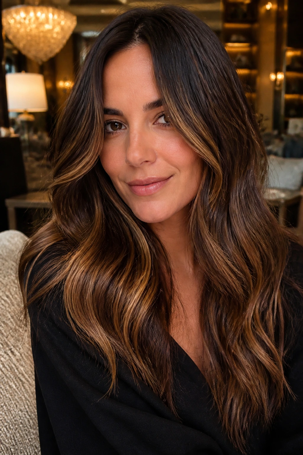 Portrait of a real woman with tortoiseshell brunette balayage