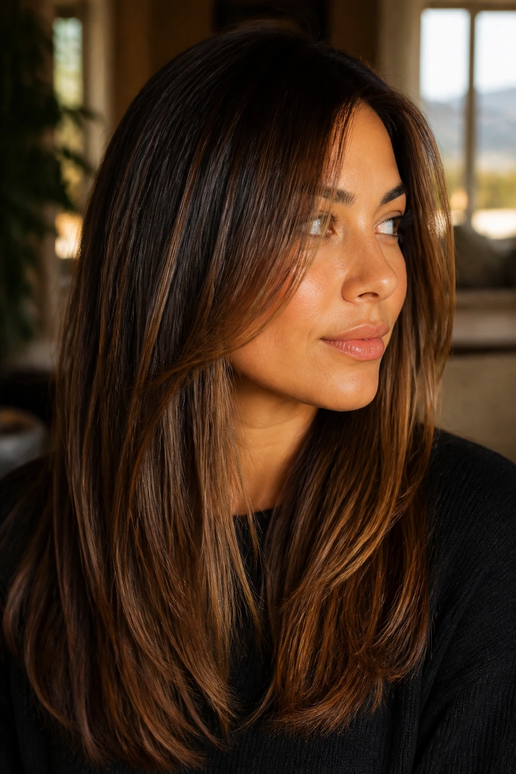 Close-up of tortoiseshell brunette hair with warm tones in natural light