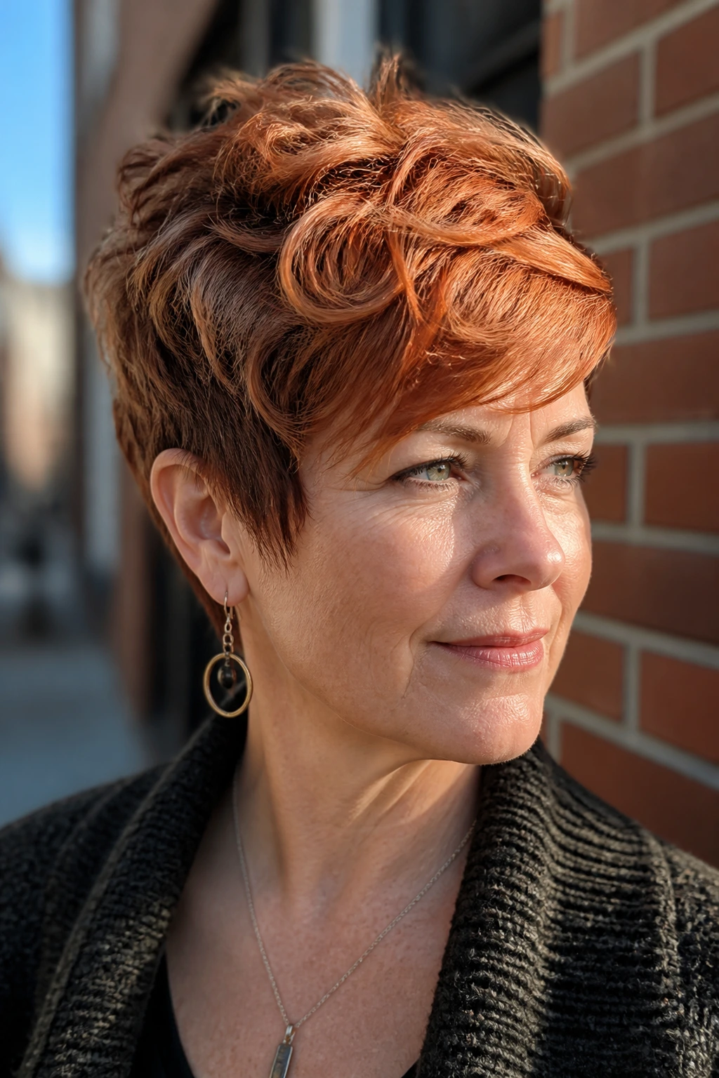 Close-up of a tortoiseshell ginger mixie on short hair in urban light