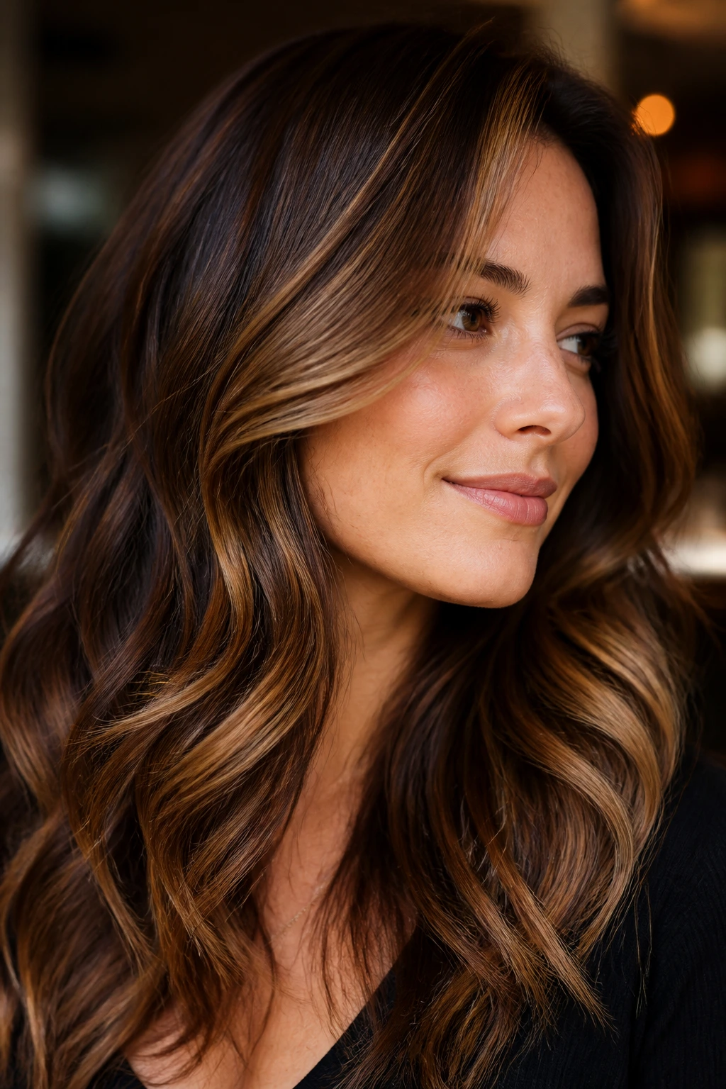 Close-up of brunette with tortoiseshell highlights