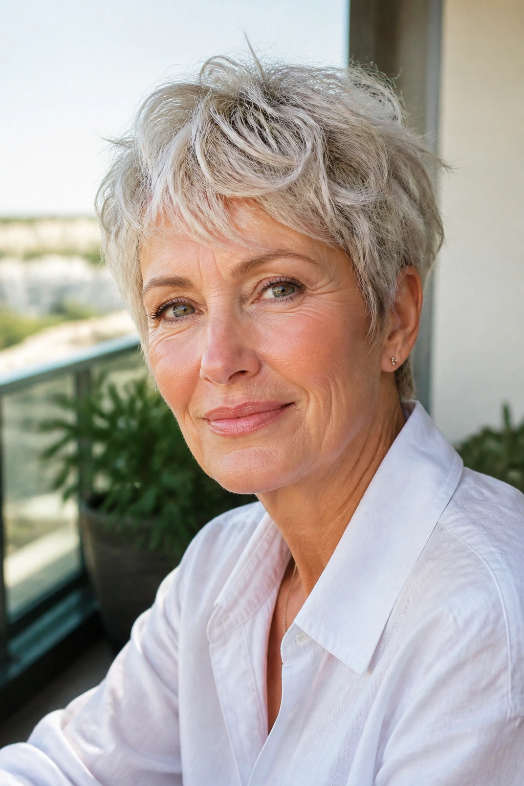 Close-up portrait of a real woman with a tousled air-dry pixie.