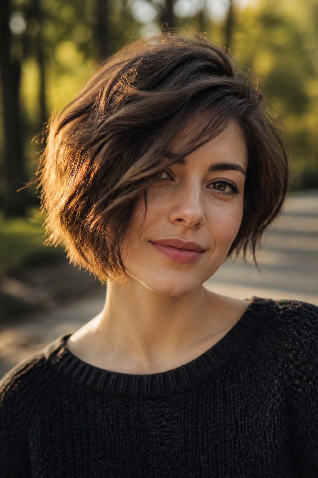 Portrait of a woman with a tousled asymmetrical bob in soft outdoor light.