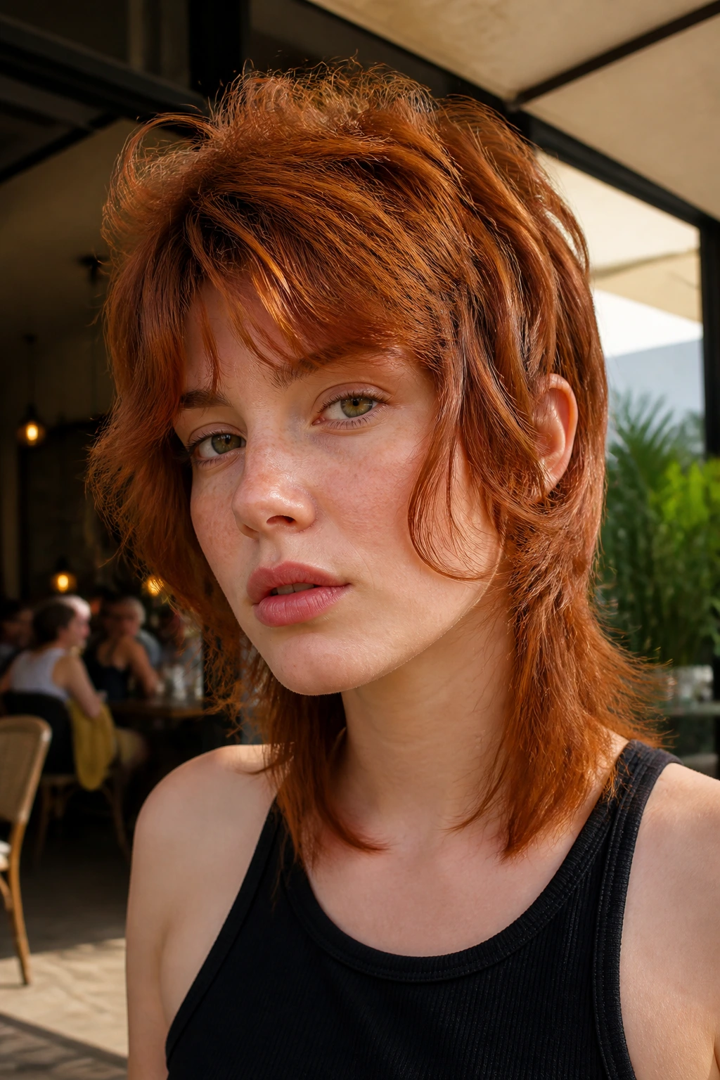 Close-up of a real person with a tousled auburn mullet and face-framing pieces.