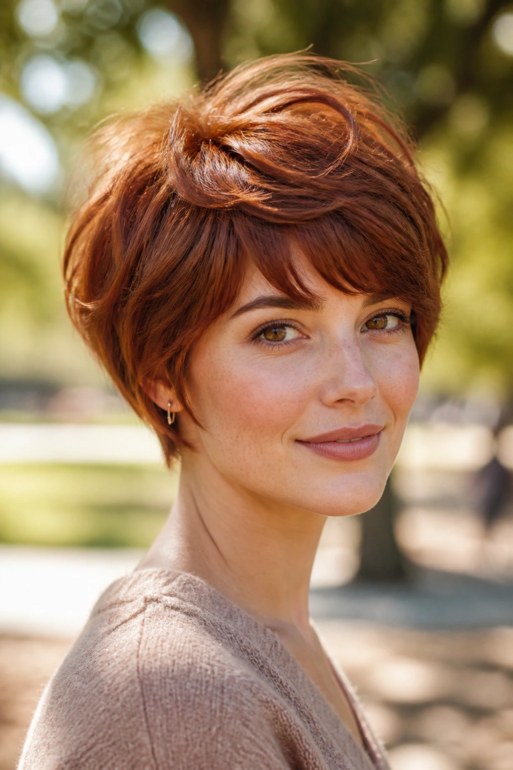 Close-up of a real woman with tousled auburn pixie bob outdoors in warm sunlight