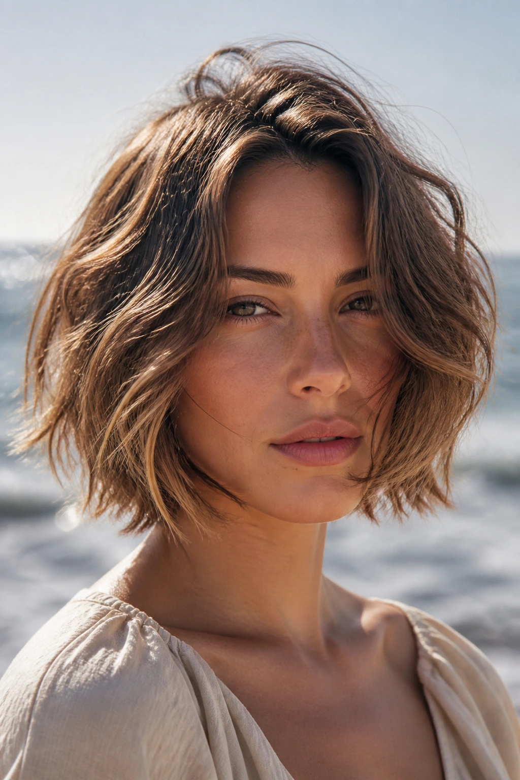 Real woman with tousled beach bob by the sea