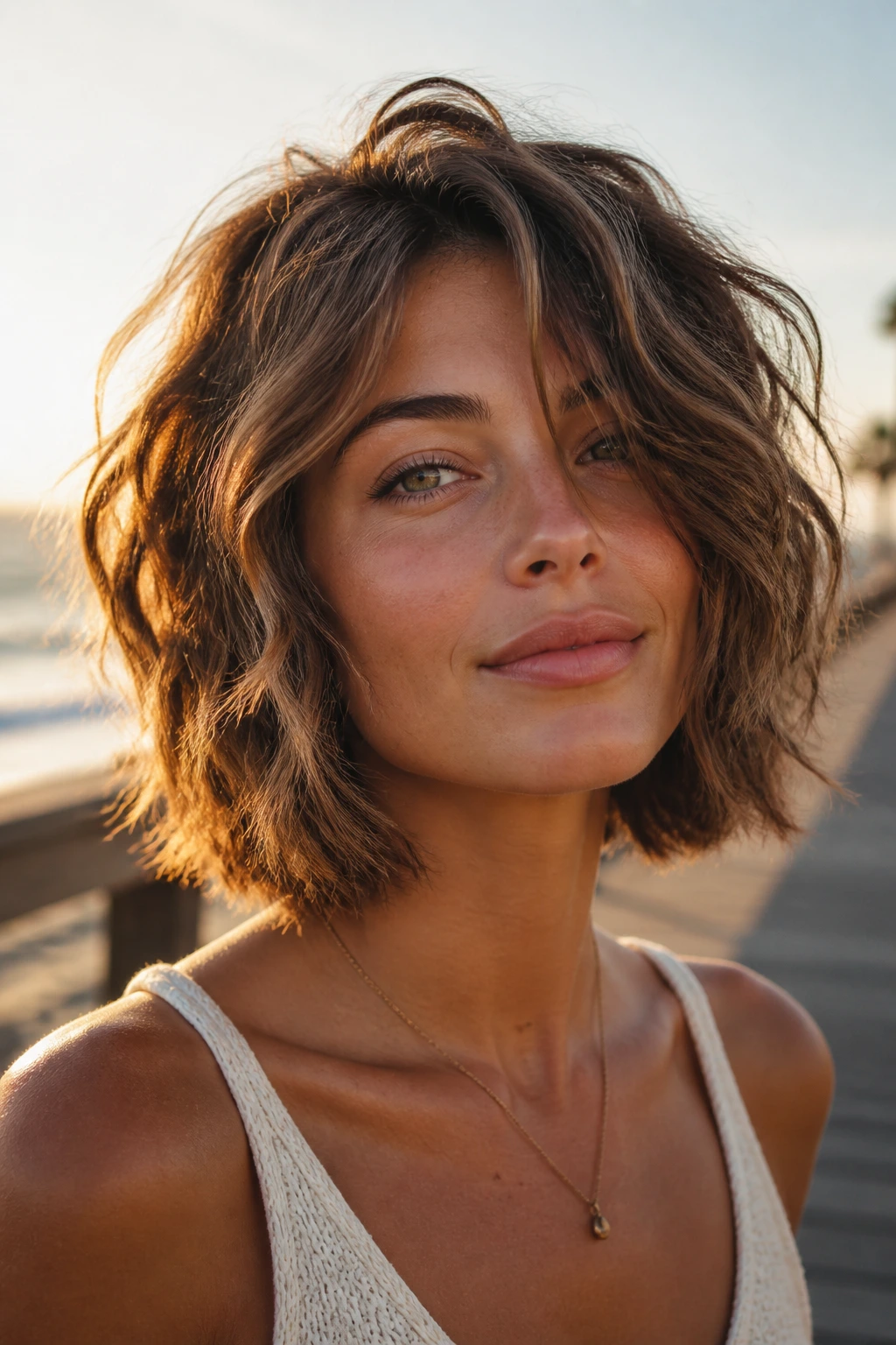 Real person with Tousled Beach Bob on a sunny outdoor boardwalk