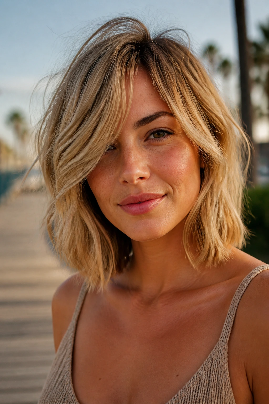 Close-up portrait of a real person with tousled beach lob and loose side bangs.