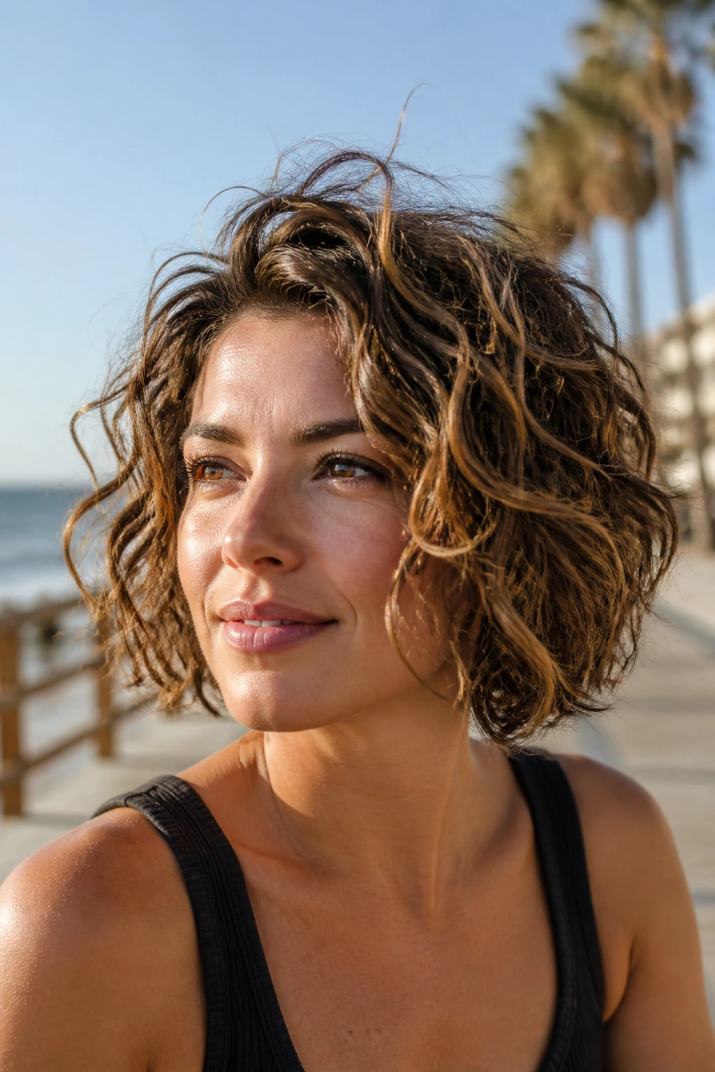 Close-up of a real woman's tousled beachy curly bob in sunlight
