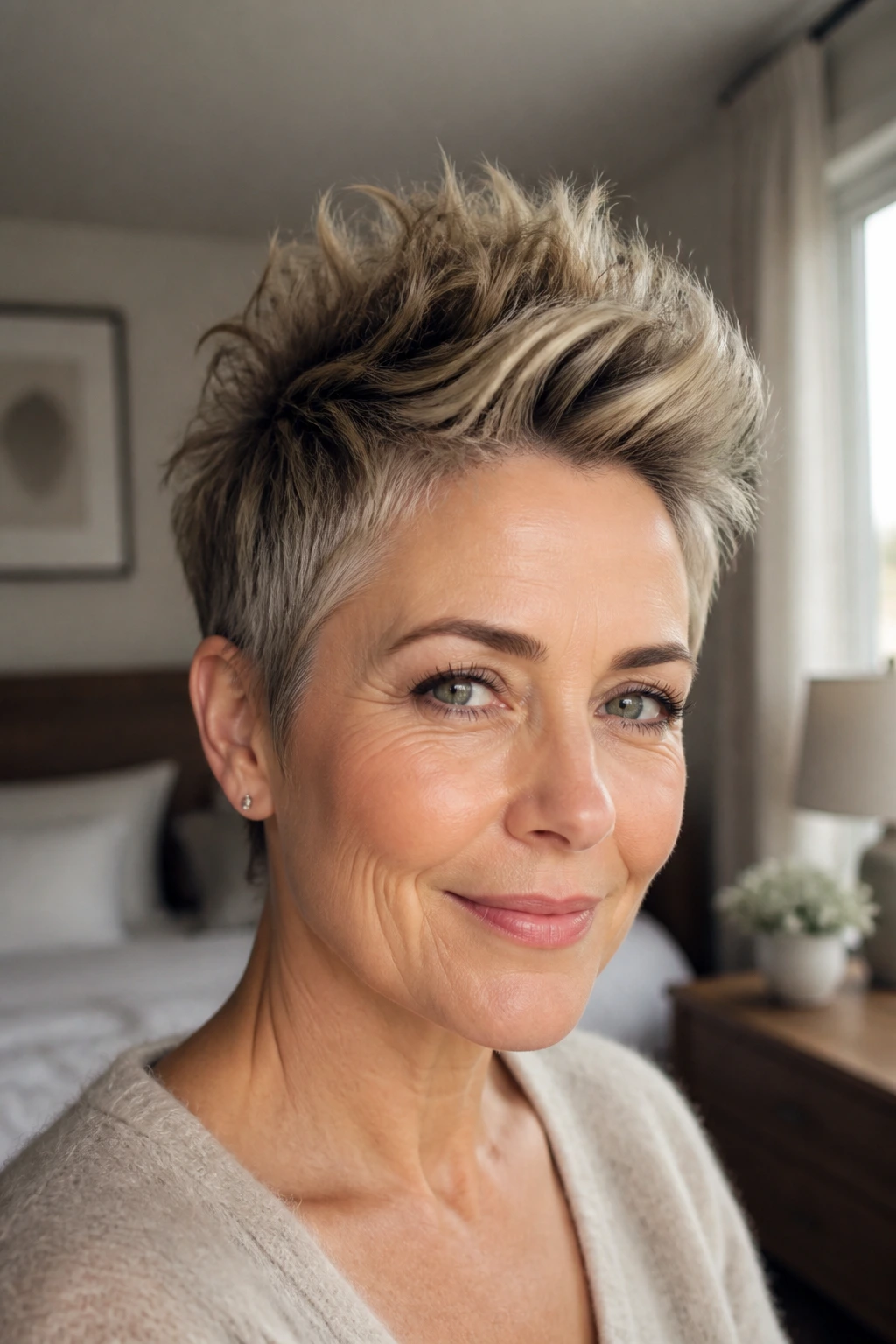 Portrait of a real woman with tousled bedhead faux hawk and relaxed expression in natural morning light.