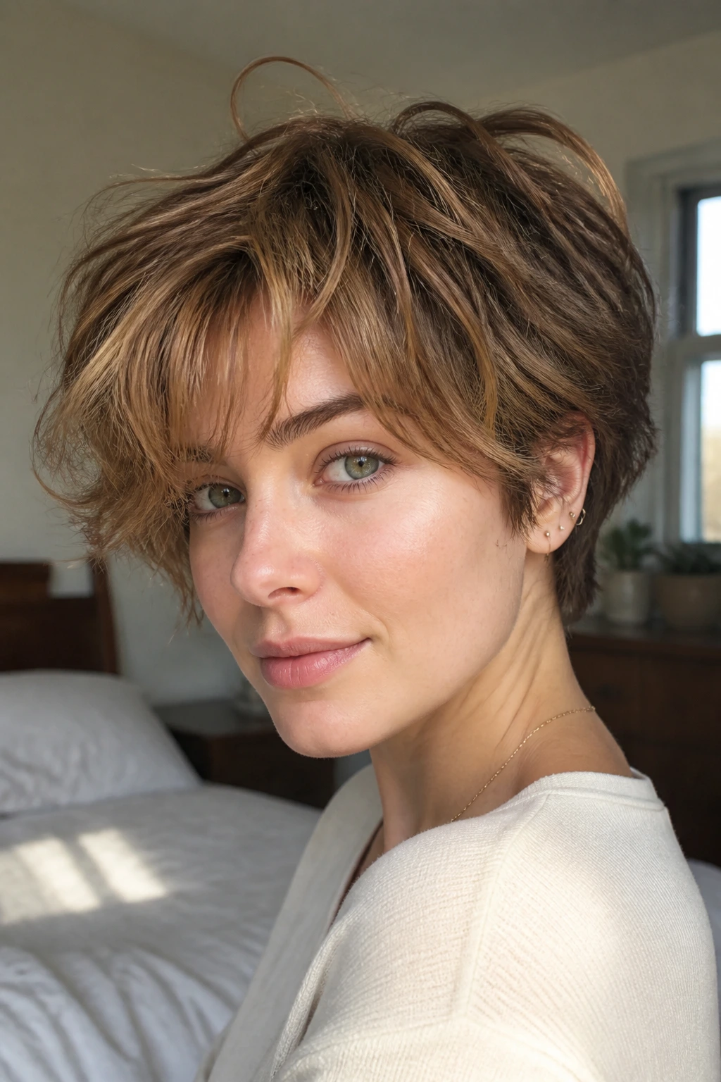 Close-up of a real woman with tousled bedhead pixie bob in morning light