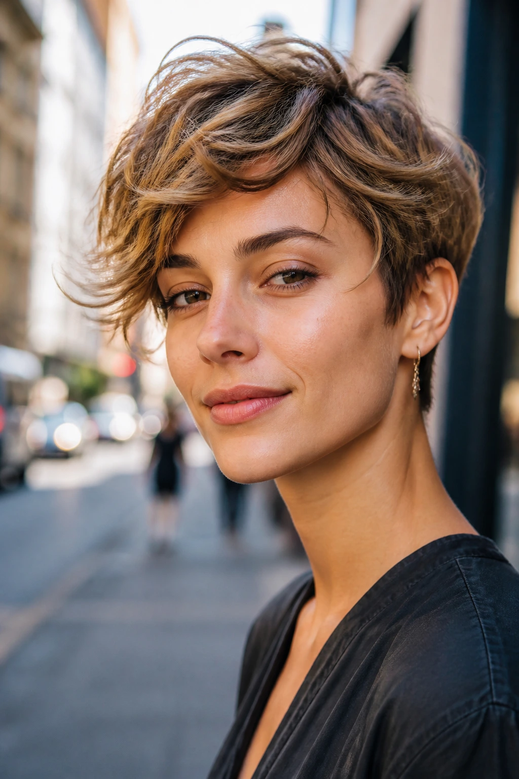 Close-up of a real woman with a tousled bixie hairstyle on a sunny urban street