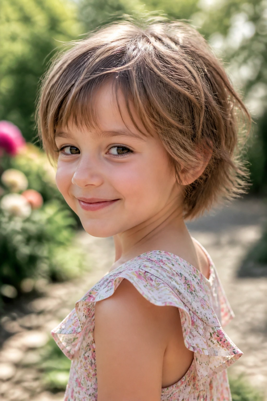Close-up of real child with tousled bixie shag hairstyle