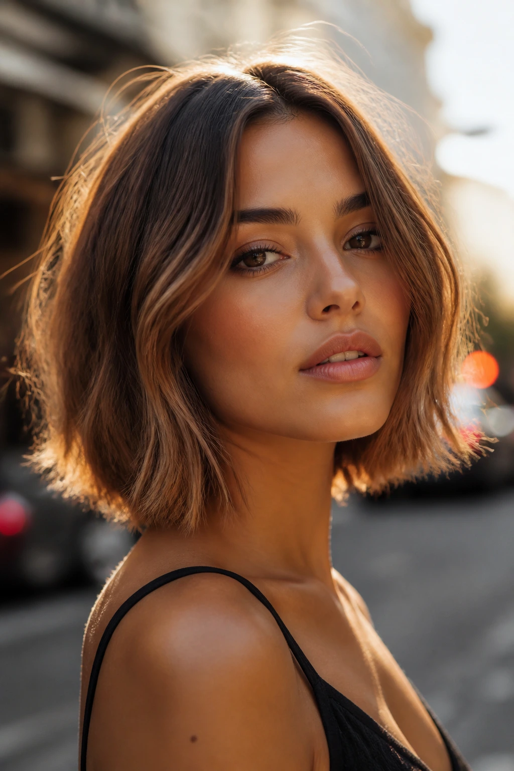 Close-up of a woman with a tousled blunt bob in golden hour light