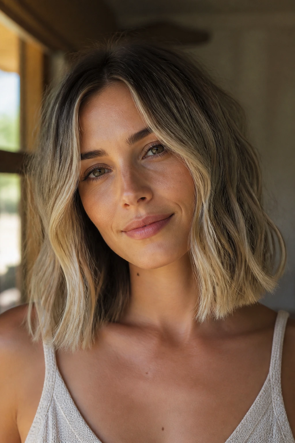 Close-up portrait of a real woman with blunt-ended tousled waves