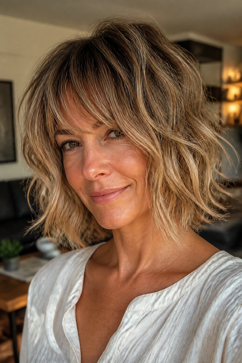 Close-up portrait of real woman with tousled beachy textured bob