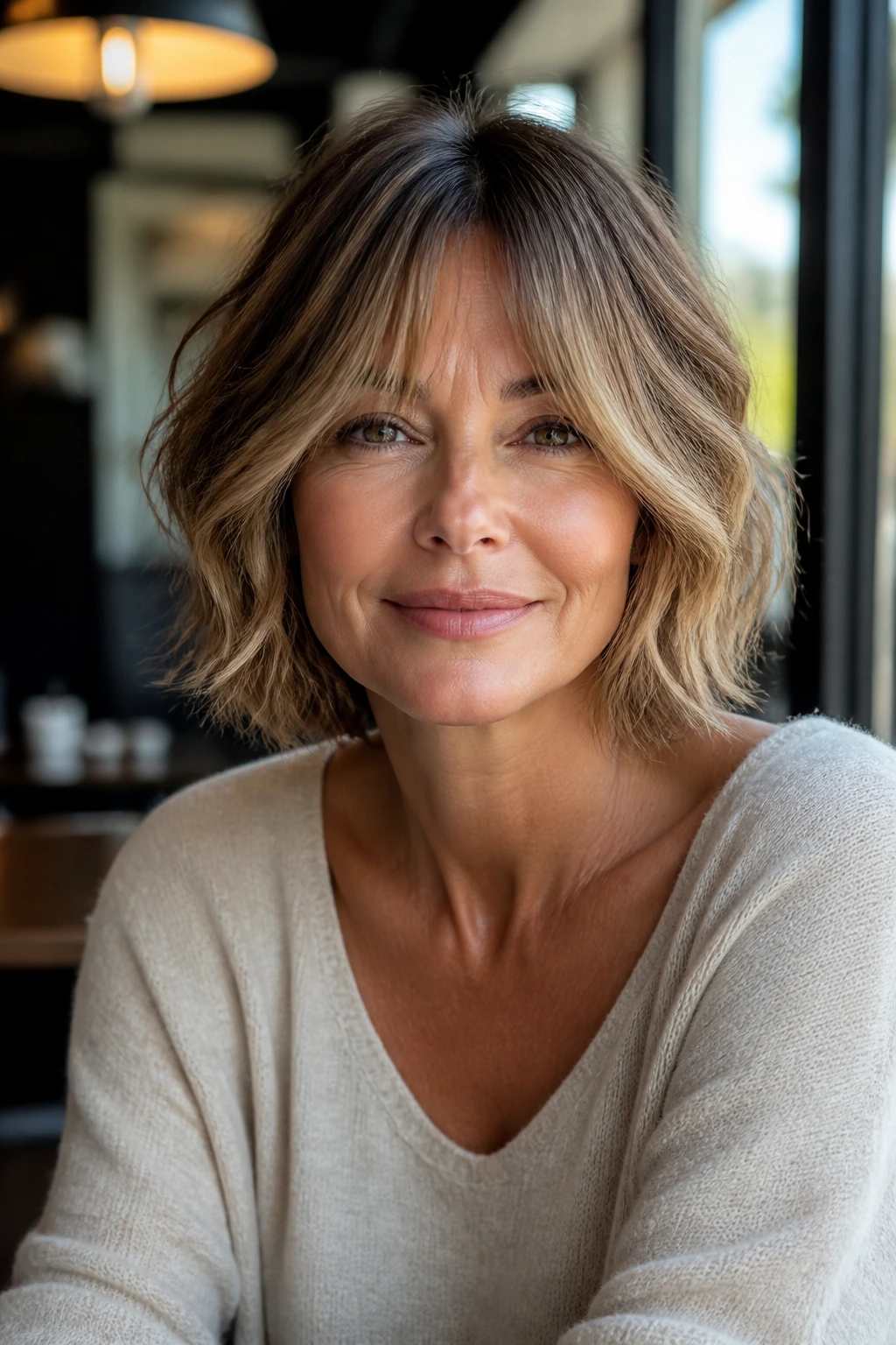 Real woman with tousled bob and bottleneck fringe in cafe window light