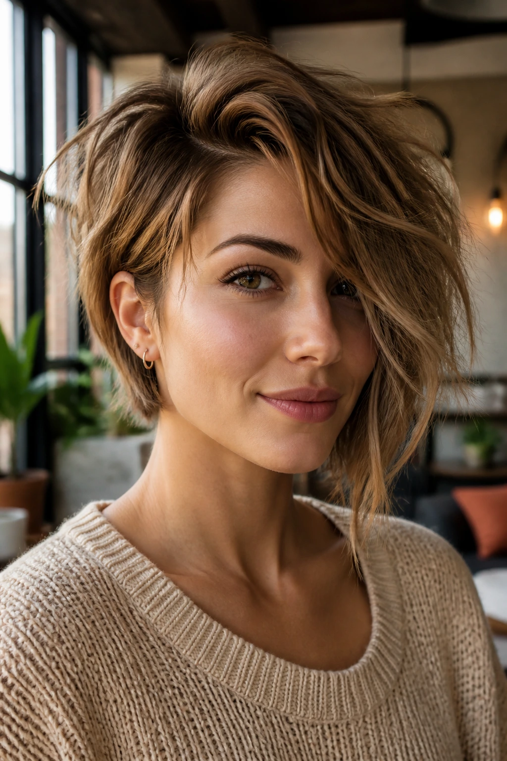 Portrait of a real woman with tousled, choppy layers in an asymmetrical bob