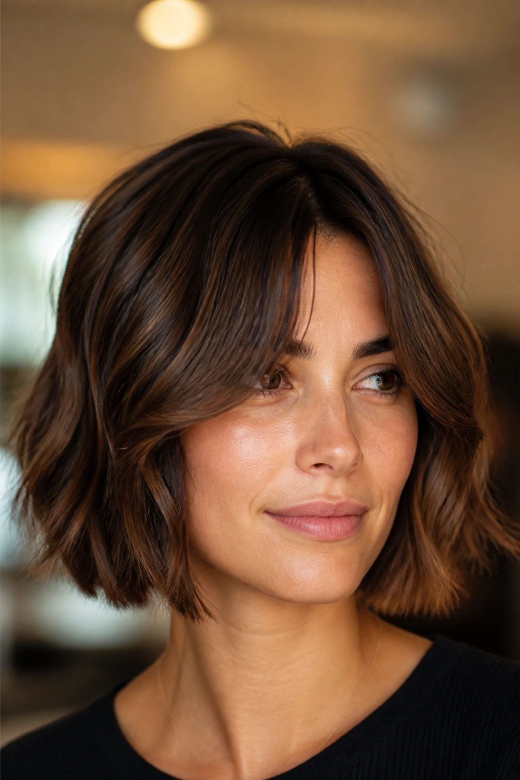 Portrait of a woman with tousled bob and curtain bangs.