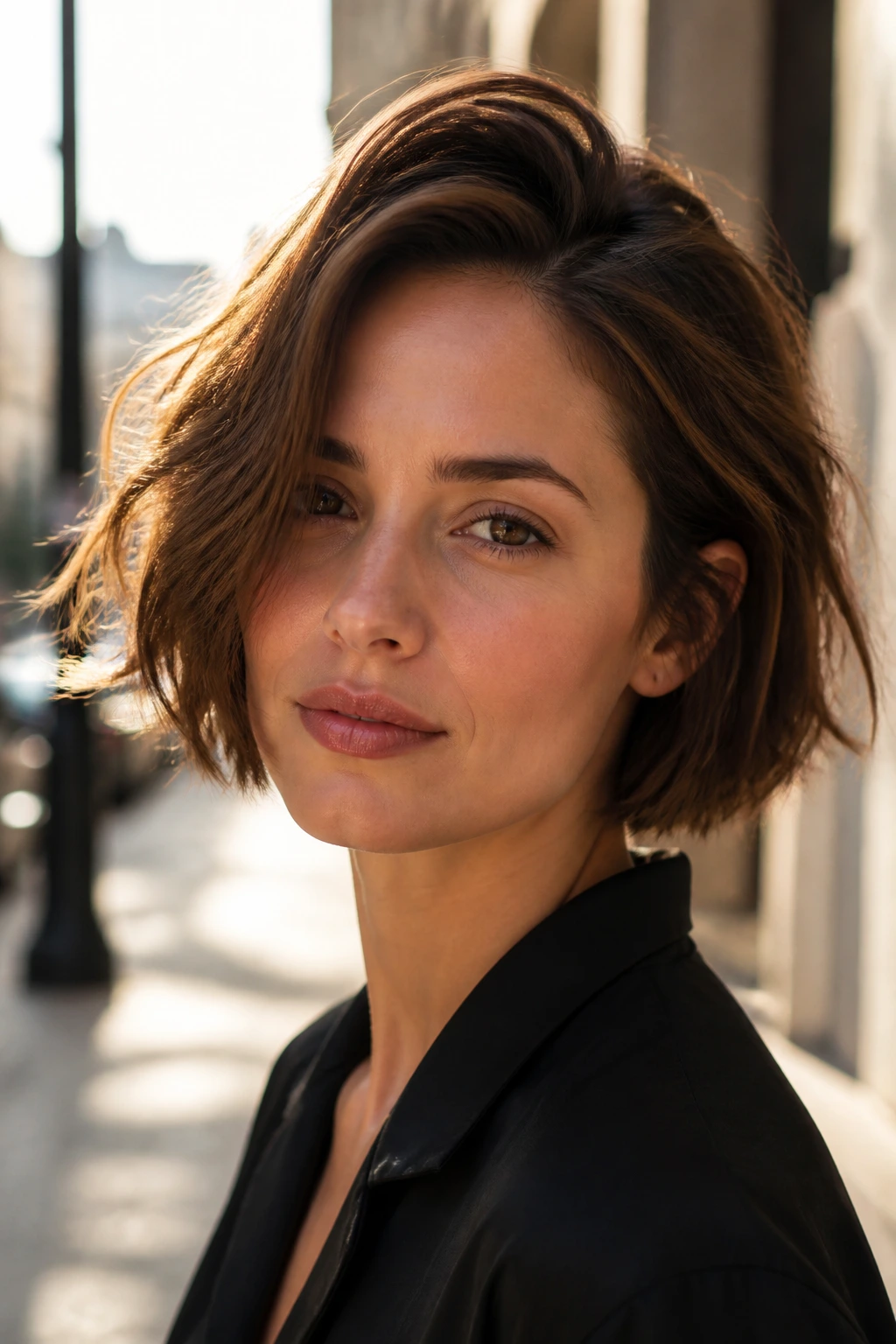 Close-up portrait of real woman with tousled bob and deep side part on a city sidewalk.