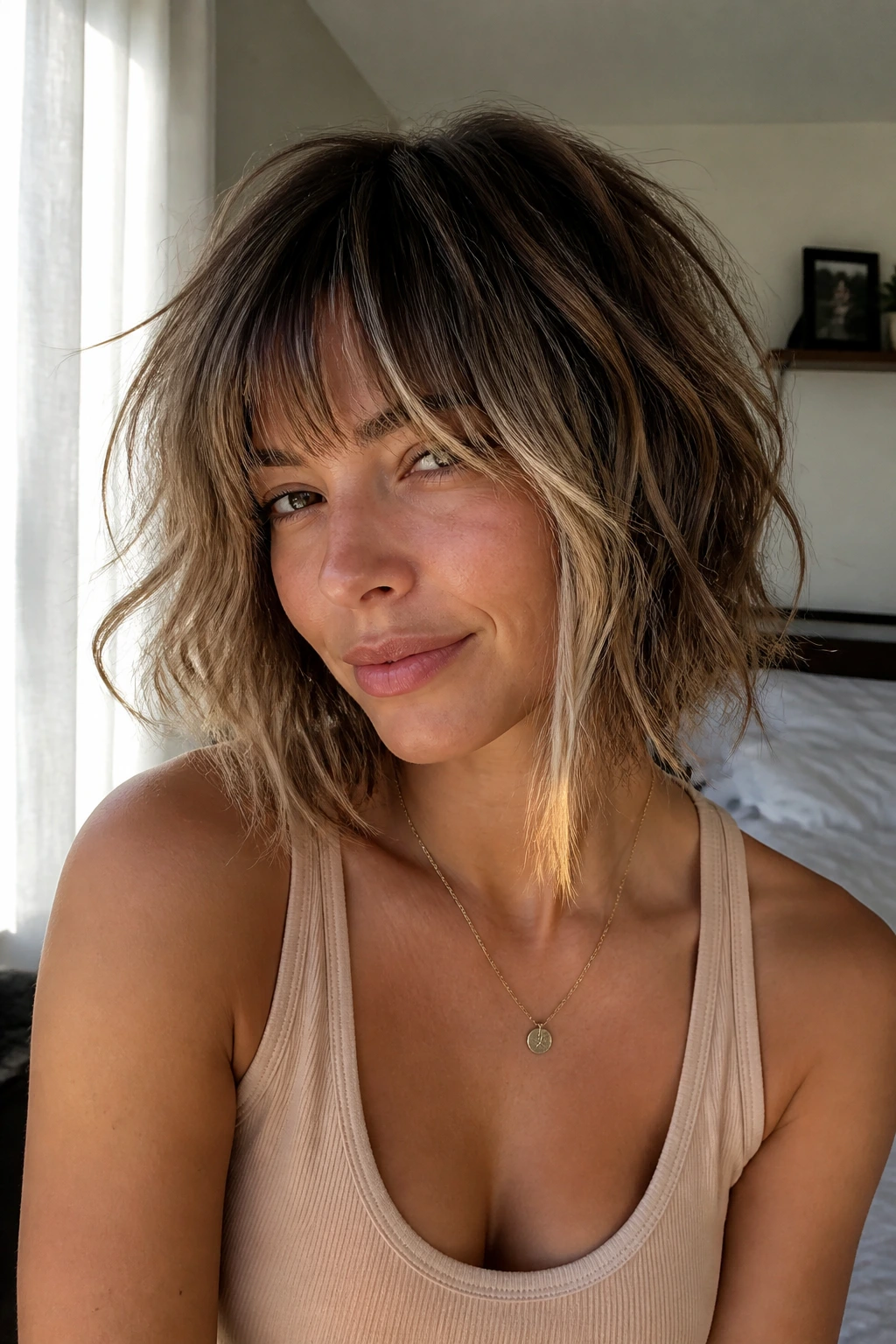 Close-up real woman with tousled angled bob and piecey fringe in sunlit room