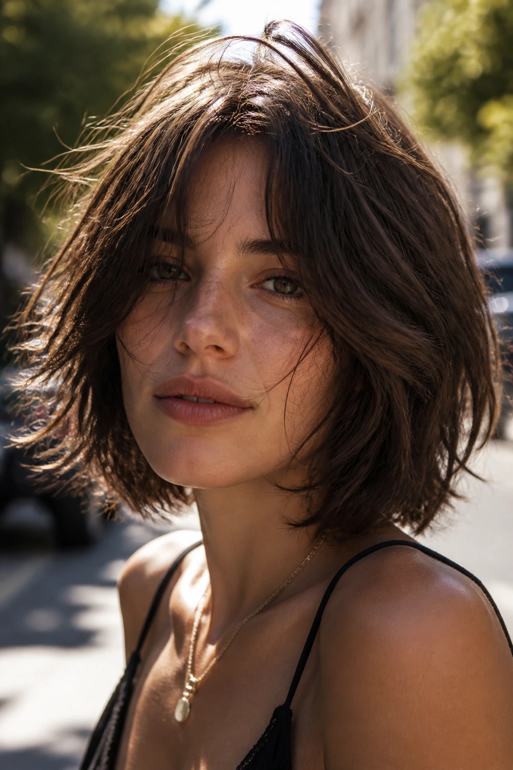 Portrait of a real woman with Tousled Bob with Heavy Layers in sunlight