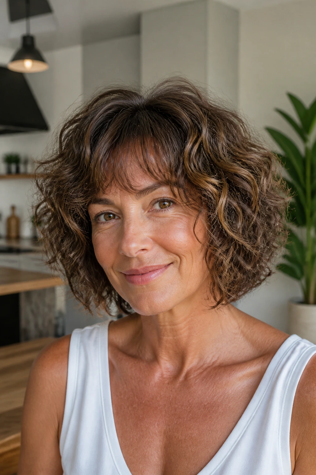 Close-up of a woman with a tousled bob and hidden internal layers in bright daylight.