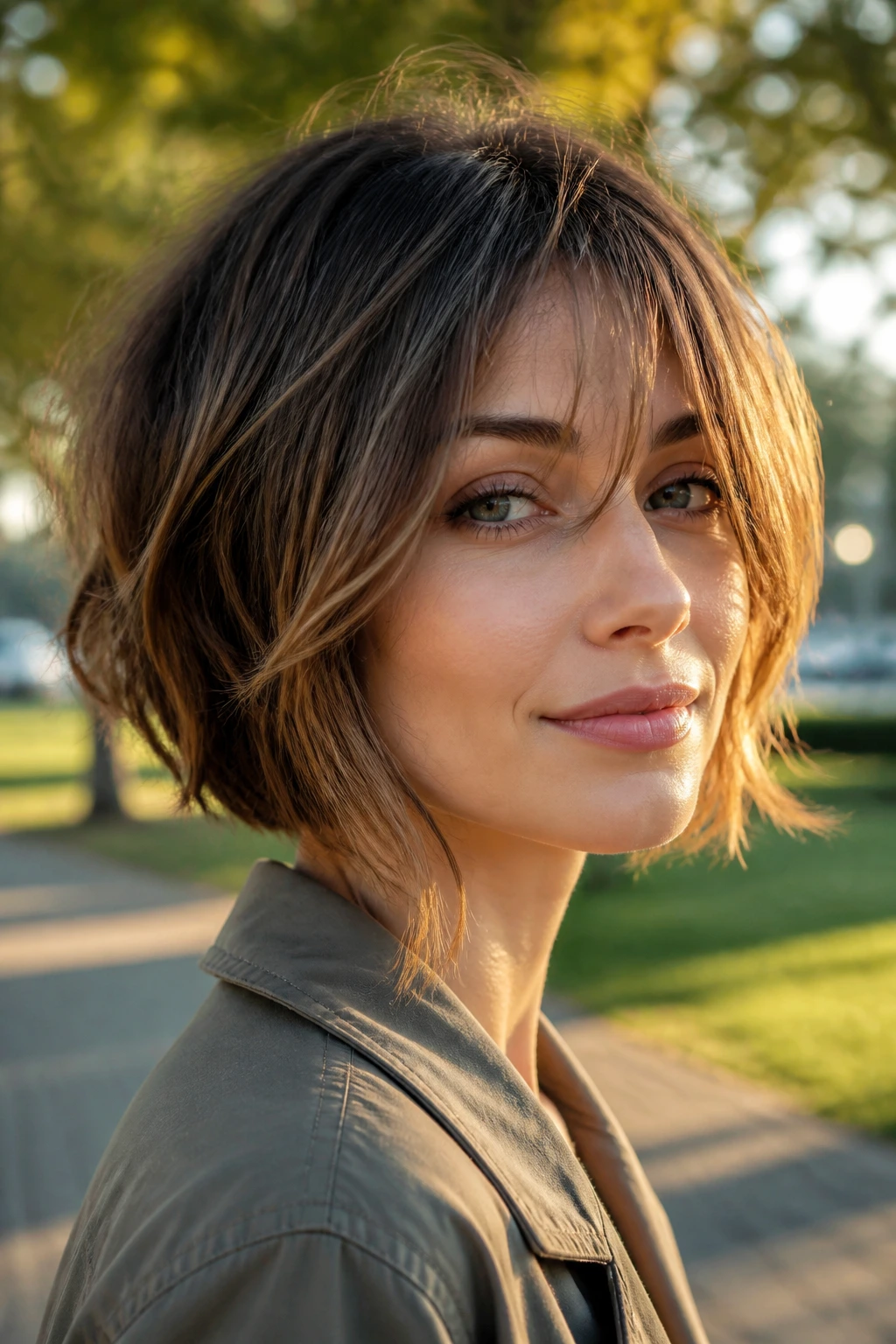 Close-up of real woman with tousled bob and long face-framing bangs in a city park at golden hour.
