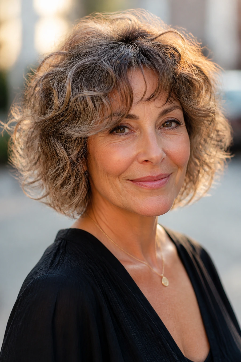 Mid-close portrait of a real woman with a tousled bob and piecey ends outdoors at golden hour.
