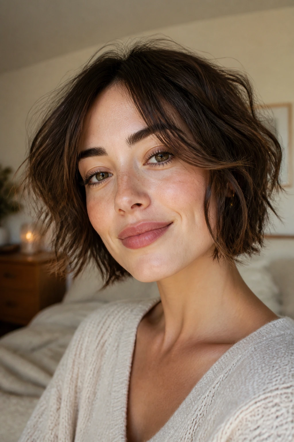 Close-up of a real woman with a chin-length tousled bob and piecey texture in warm window light.