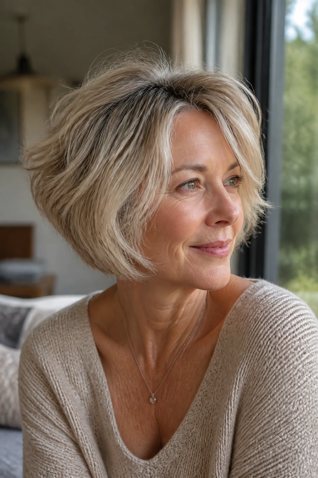 Portrait of real woman with tousled bob and root lift