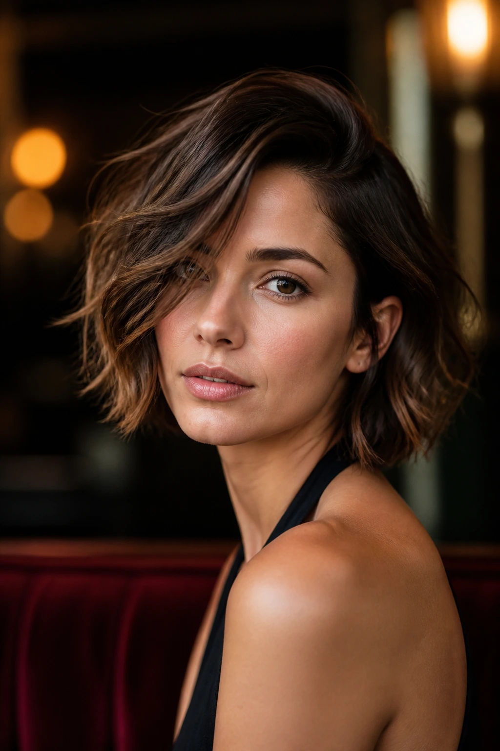 Close-up of real woman with deep side swept tousled bob