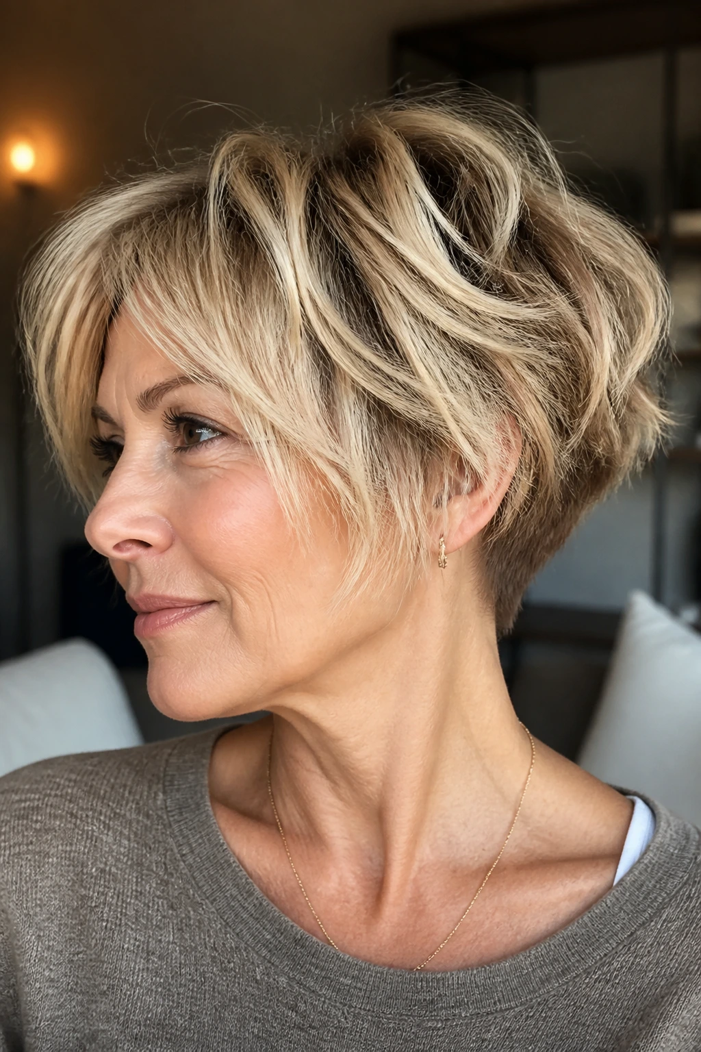 Close-up of a real woman with a tousled blonde bob and soft undercut in a cozy room.