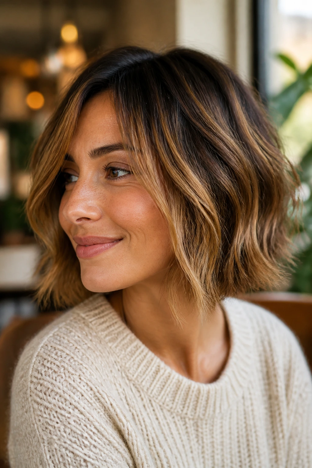 Real woman with tousled bob and toffee balayage in warm cafe light
