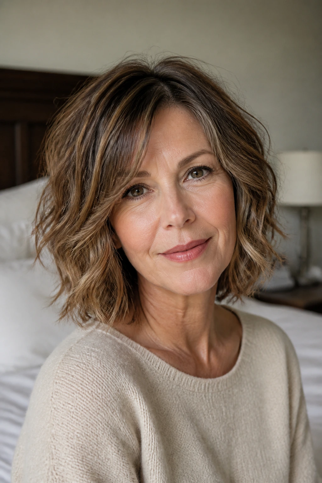 Close-up of a real woman with a tousled mid-length bob with soft waves in a softly lit bedroom