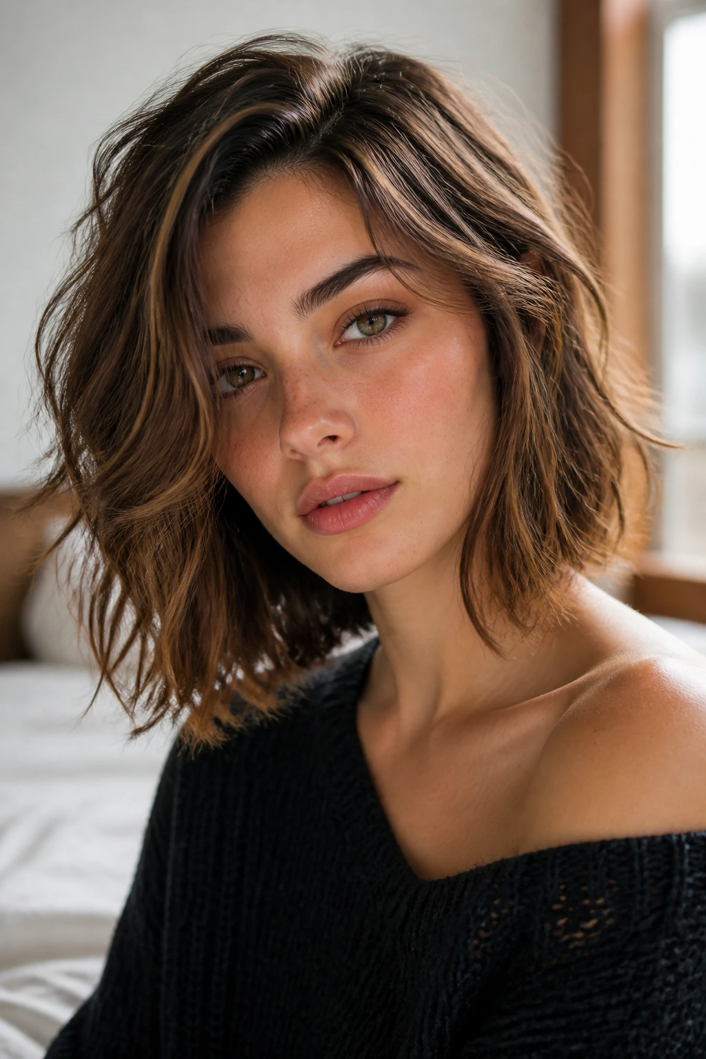 Close-up of real woman with tousled mid-length bob and soft waves in natural window light
