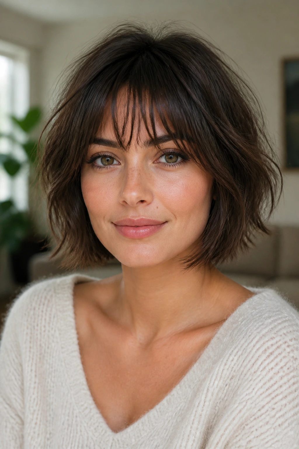 Close-up portrait of a real woman with tousled box bob and wispy bangs in a sunlit living room.