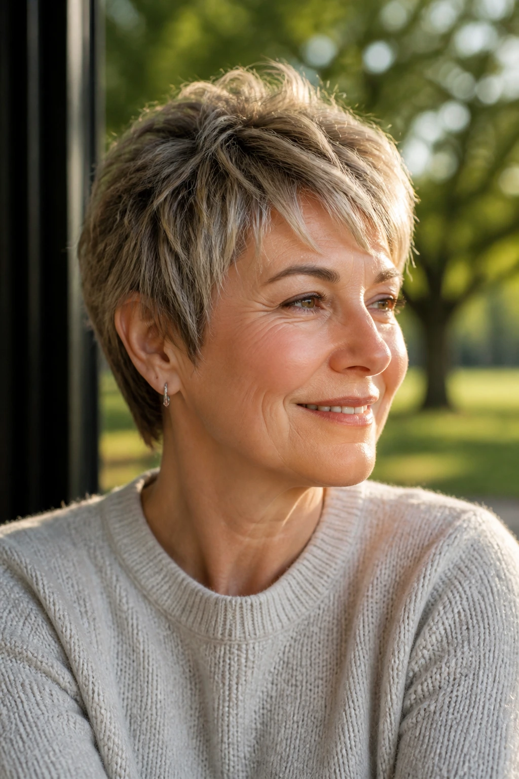 Woman with tousled crop hair designed for air-drying, natural texture.