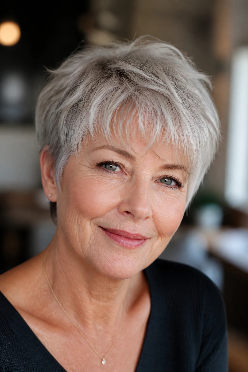 Close-up portrait of a real woman with a tousled crop and airy fringe