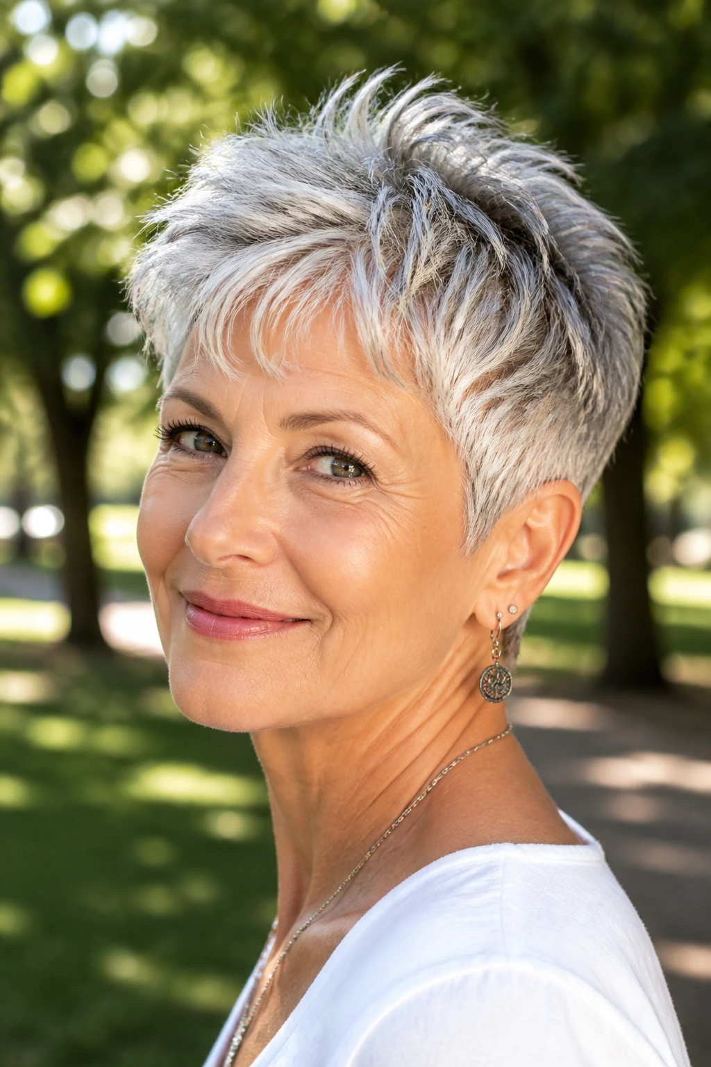 Close-up of a real woman with a tousled crop and lifted crown