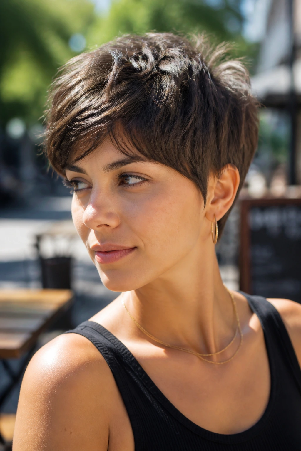 Close-up portrait of a real person with a tousled crop and choppy crown in outdoor setting