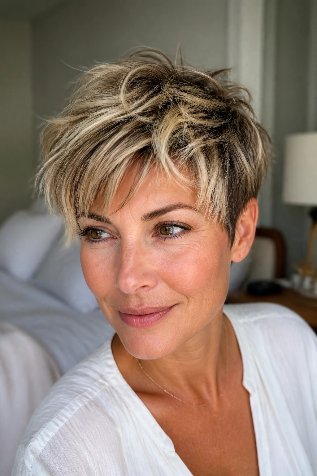 Real person with tousled crop and micro highlights in soft morning light