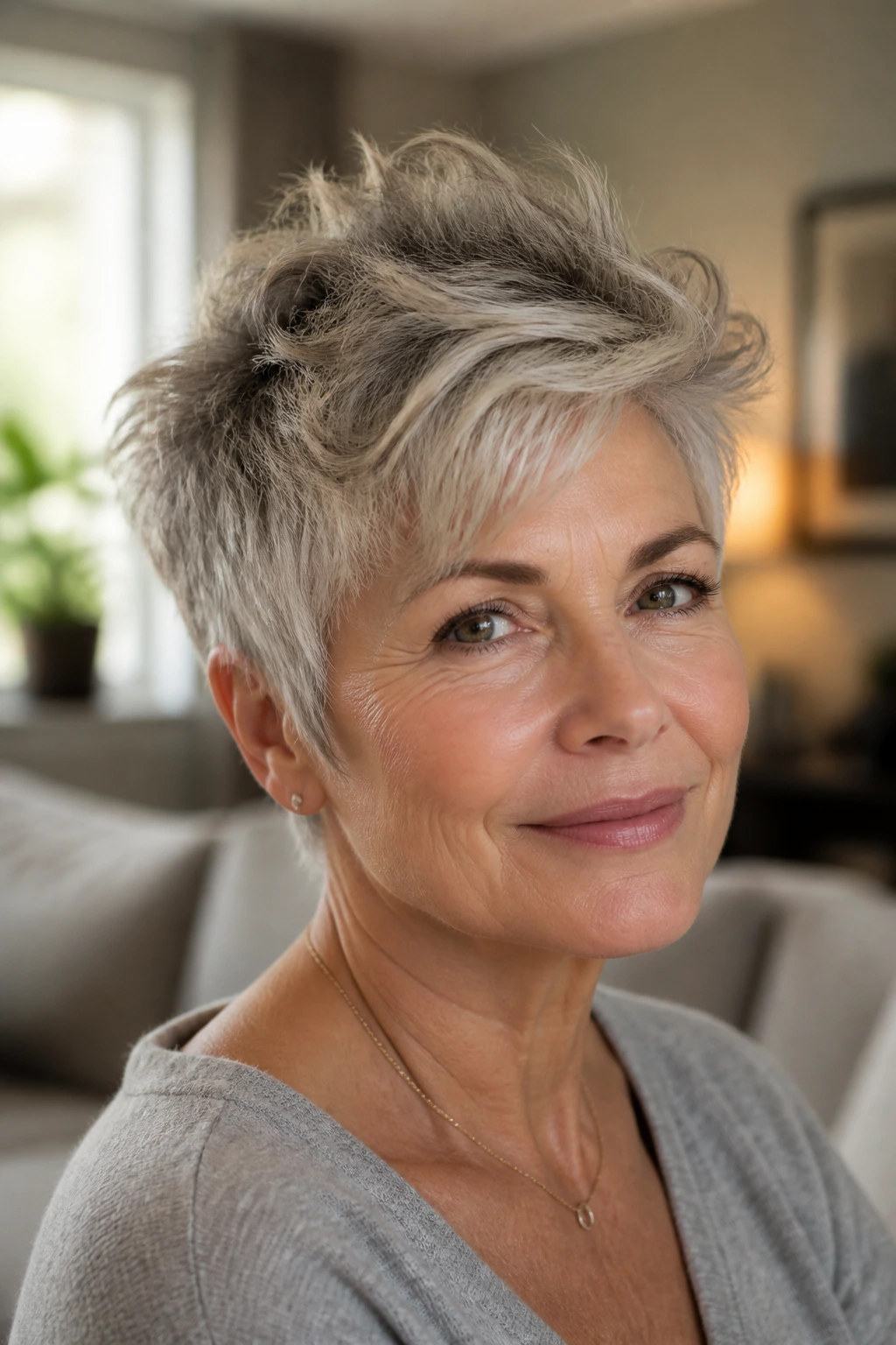 Close-up portrait of a real woman with a tousled crop and long top