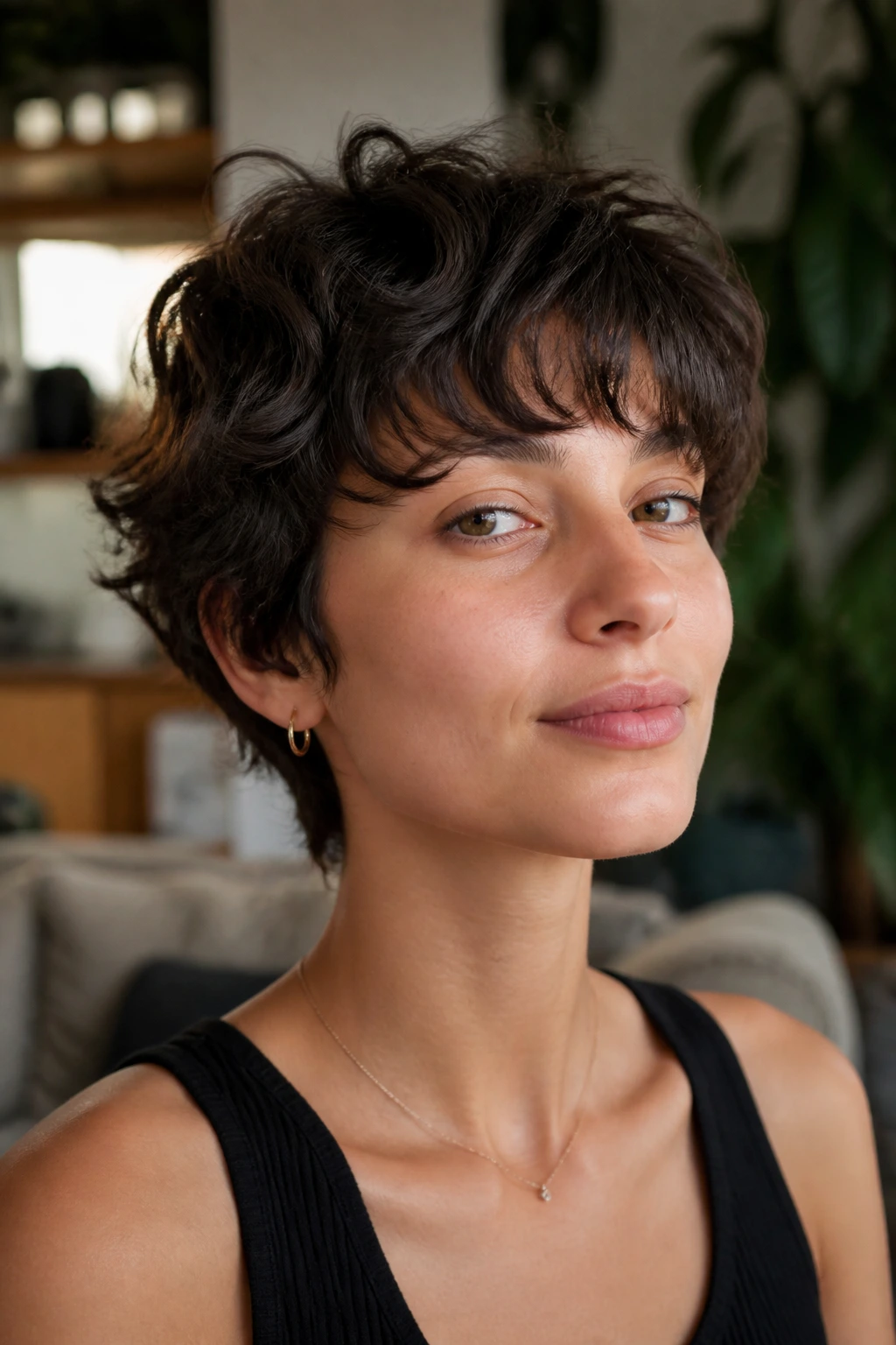 Real woman with a tousled outgrown crop showing texture and uneven layers