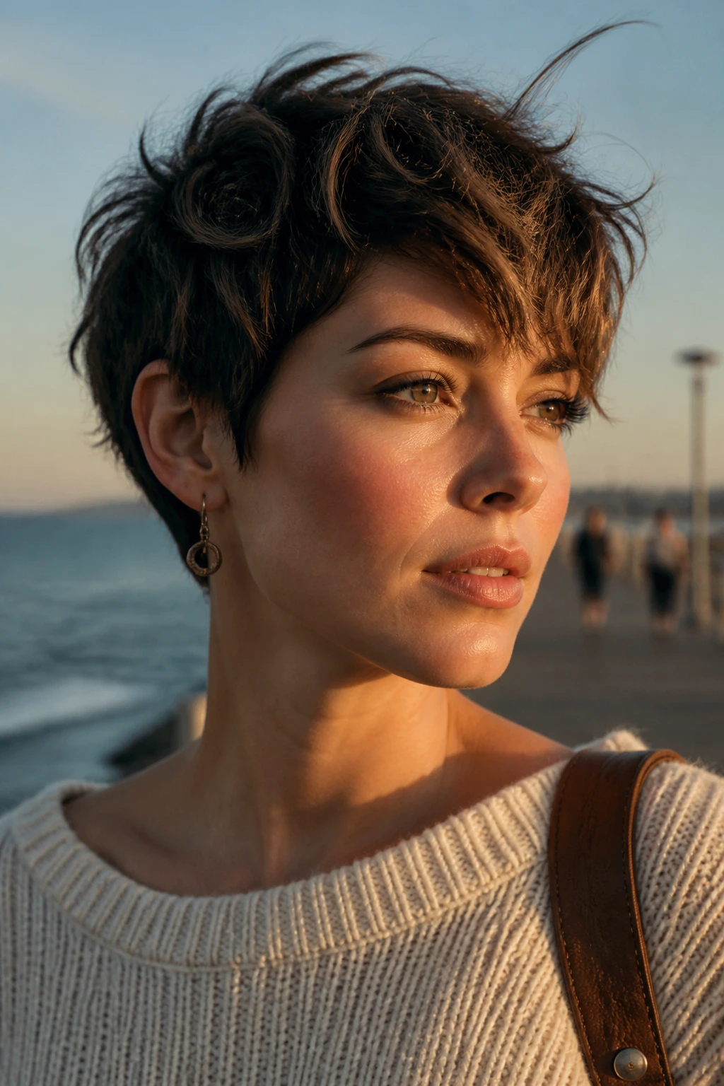 Close-up portrait of a real woman with a tousled crop hairstyle
