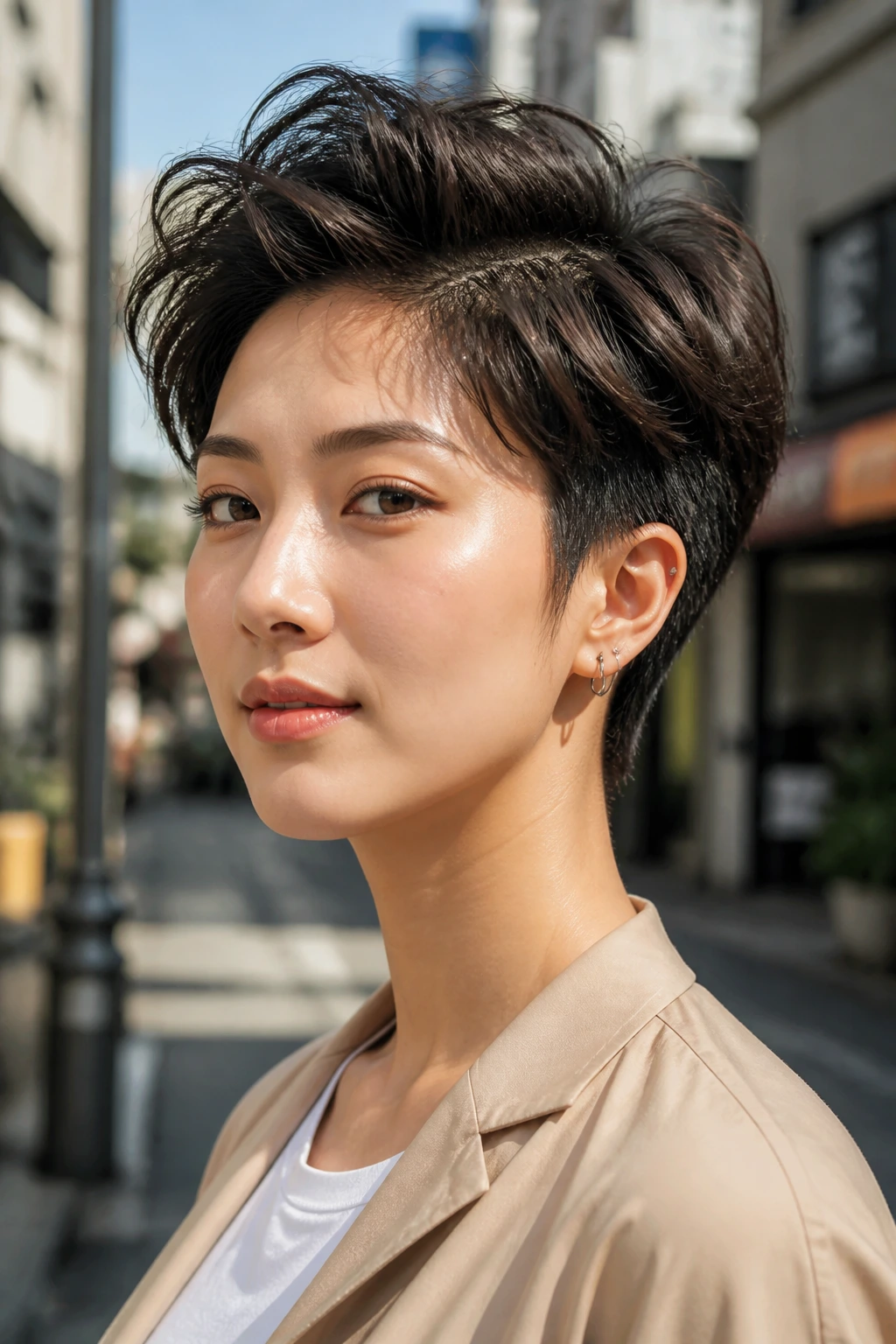 Close-up portrait of an Asian woman with a tousled crop quiff
