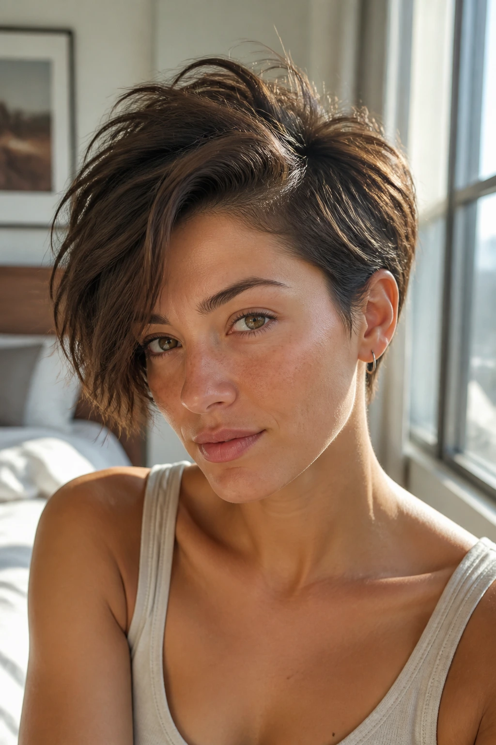 Close-up of a woman with a tousled crop and deep side part showing crown lift