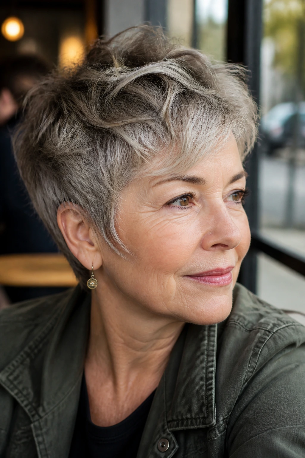 Portrait of a person with a tousled crop and sideburn length hairstyle
