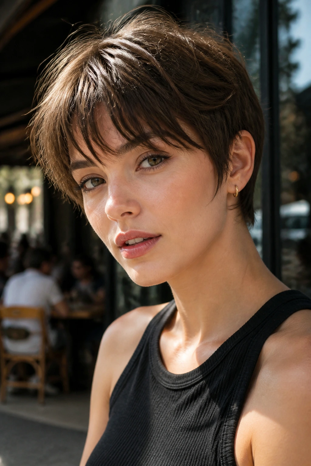 Portrait of real person with wispy bangs and neck-tapered tousled crop