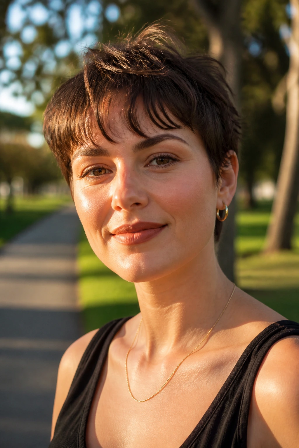 Portrait of a real woman with tousled crop and wispy fringe in golden hour light